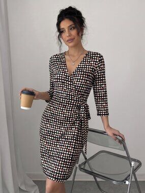 Talbots Geo Print Faux Wrap Dress | Black, Ivory & Blush | Size Large